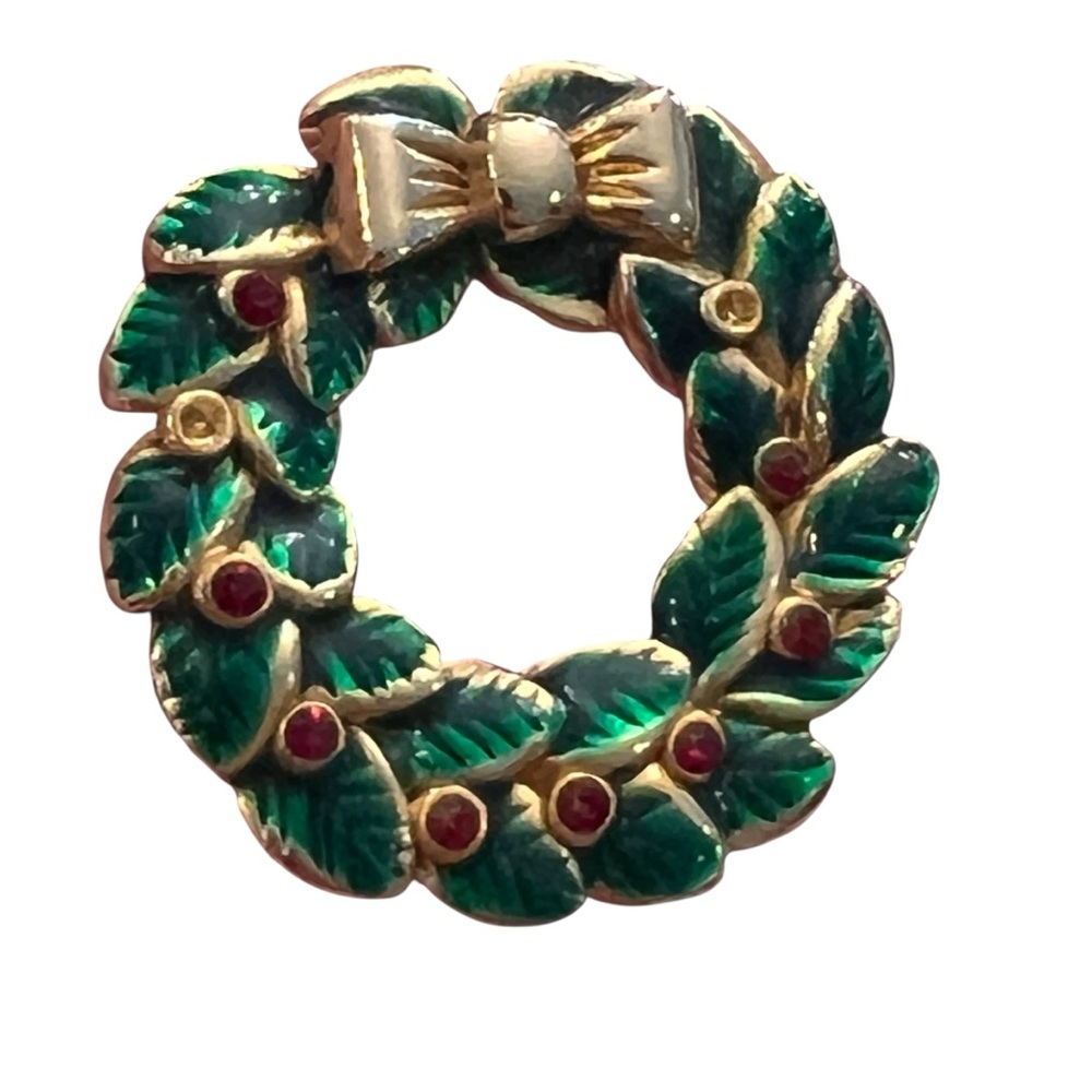 LIA‎ Green Red Enamel Red Rhinestone Christmas Wreath Brooch Signed Festive